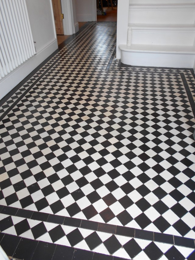 black and white tessellated Victorian hallway tiles deep cleaned and waxed