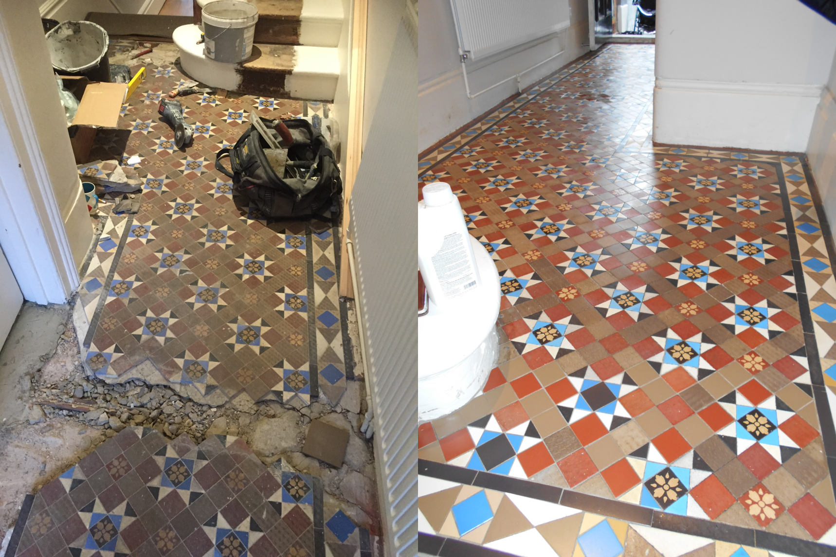 nice Victorian style geometric hallway that has been completely restored. before and after pic